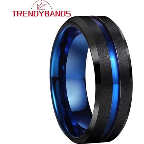 8MM Black Blue Tungsten Carbide Rings Wedding Band For Men Women Center Grooved Beveled Edges Matte Finish Comfort Fit