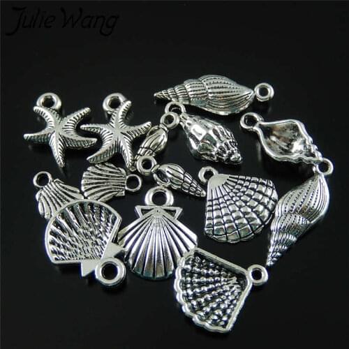 Julie Wang 14pcs Mixed Sea Conch Shells Sarfish Charms Antique Silver Color Alloy Necklace Pendants Jewelry Making Accessory