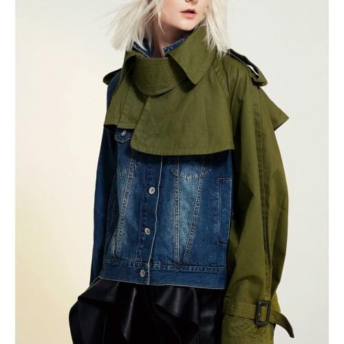 Harajuku Style Womens Denim Jacket Cowboy Black/green Patchwork Short Coats Fashion Streetwear Biker Jackets Casaco Feminino