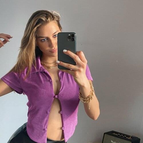 Summer Short Sleeve Women Tops Purple Blue Collar Button Up Slim Blouse Shirt Streetwear Solid Ladies Clothes
