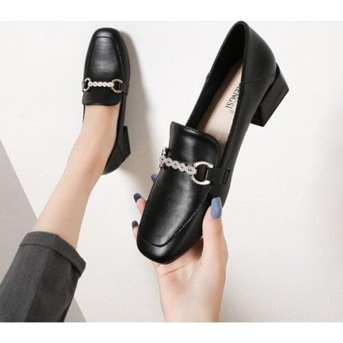 British Small Leather Shoes Women New Rhinestone Metal Ornaments Wild Fashion Mid-heel Single Shoes Casual Classic Loafers 33-43