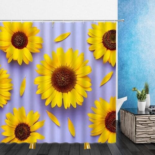 Cartoons Flowers Shower Curtains Yellow Sunflower Flower 3D Print Waterproof Bathroom Decor Home Bathtub Polyester Curtain Set