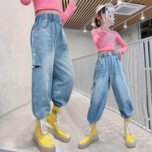 Autumn New Kids Pants Girls Jeans Broken holes Denim Sweatpants Ripped Jeans 7 8 9 10 11 12 13 14 Years Girls Childrens Clothes
