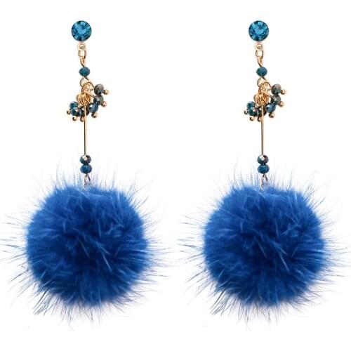 Rabbit Fur Ball PomPon Long Drop Earrings Women Unique Soft Pom Pon Ear Dangle Crystal Earring Jewelry Cute Christmas Gift