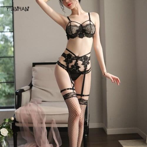 YILINHAN Sexy Lingerie Sexy Leg Ring Garter Belt Nightclub Uniform Temptation Three-point Suit Embroidered Show