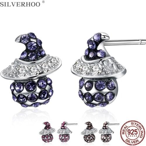 SILVERHOO Vintage S925 Sterling Silver Colorful Crystal Earrings Halloween Party Witch Stud Earrings Luxury Fine Jewelry 2021
