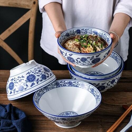 Blue and White Porcelain Hat Soup Bowl Ceramic Chinese Tableware Household Ramen Bowl Restaurant Large Instant Noodle Bowl