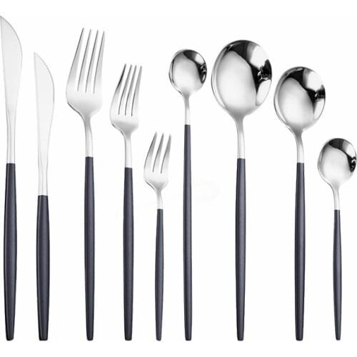Black Silver Stainless Steel Cutlery Set Kitchen Spoon Knife Luxury Dinnerware Dessert Spoon Tea Fork Tableware Set Bright Light