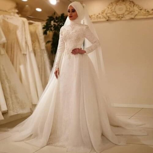Vestido De Noiva 2019 Elegant Long Sleeve O Neck Muslim Wedding Dresses With hijiab Tulle Zipper Back Lace Islamic Wedding Gowns