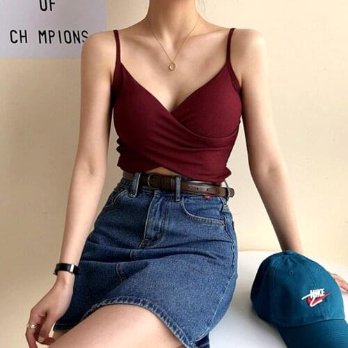 Summer T-shirt for Women Sexy V Neck Top Seamless Corset Crop Tops Padded Spaghetti Strap Tank Short INS Cotton Blouse