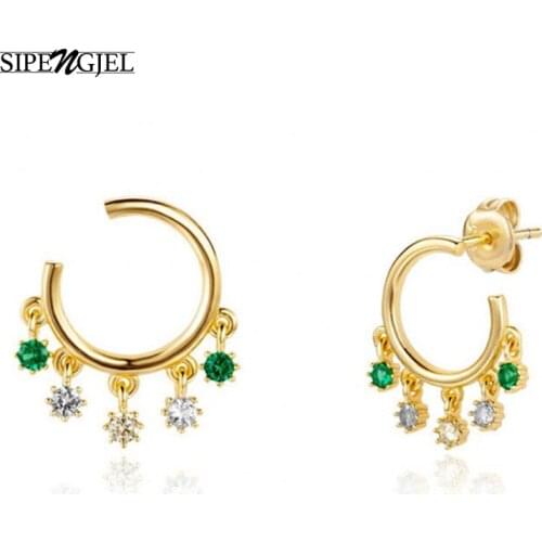 SIPENGJEL Trendy Cubic Zircon Geometric Round Stud Earrings Green Crystal Tassel Earrings For Women Korean Jewelry