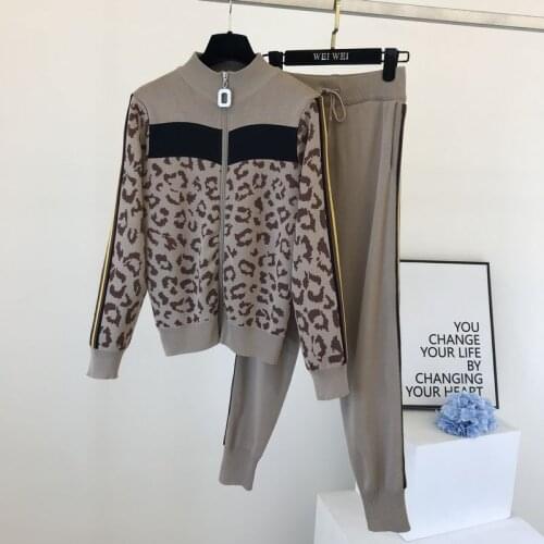 2020 Autumn Winter Women Two Piece Sweat Set Zipper Leopard Patchwork Knitted Top +Pants Set Female 2 Piece Tracksuit