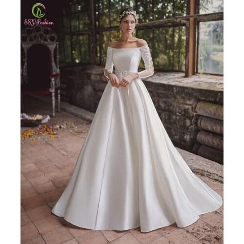 SSYFashion New White Satin Wedding Dresses Bride Elegant Long Sleeve Pearls Belt A-line Long Wedding Gowns Vestidos De Novia