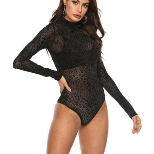 New 2020 Women Long Sleeve Bandage Bodysuit Leotard Top See Through Mesh Sheer Jumpsuit Romper