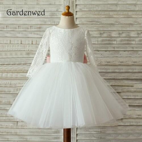 Gardenwed 2019 White Lace Flower Girl Dress For Weddings Long Sleeves First Communion Dresses For Girls Birthday Party