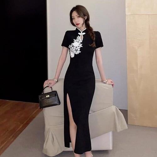 Women Black Vintage Dress Cheongsam Hand Button Long Dresses Embroidery Slim Female Summer Autumn Dress Sexy Gowns with Split