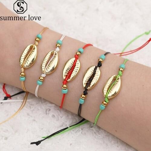 Gold Shell shape Charm Bracelet Handmade Woven Red String Rope Bracelet Fashion Thread Jewelry Womens Accessories with Wish Card