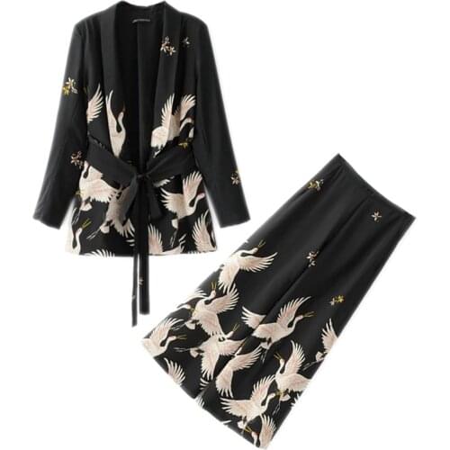 Vintage Print Blazer Wide Leg Retro Pants Women Set Spring Female Bird Printed Outfit Trousers Suit Elegant Ladies Two Piece Set