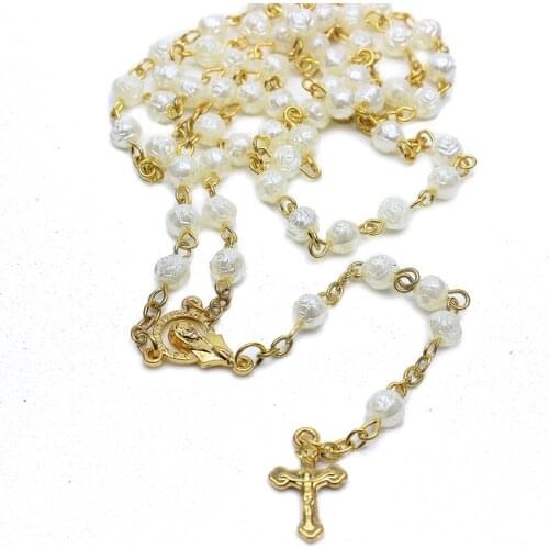 Gold Rosary Necklace Rose Flower Beads Chain Religious Christian Catholic Jesus Cross Pendants Necklaces Unisex Prayer Jewelry
