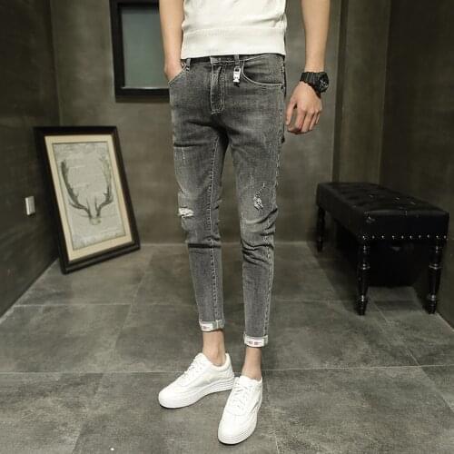Wholesale 2020 Denim Jeans mens slim feet Casual pants trend Korean wild pants scratched holes ankle length beggar jeans