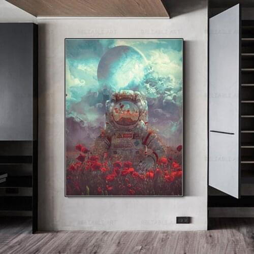 Astronaut Flowers Monkeys Canvas Painting Wall Art Planet Starry Sky Landscape Pictures Posters Prints for Childrens Room Decor