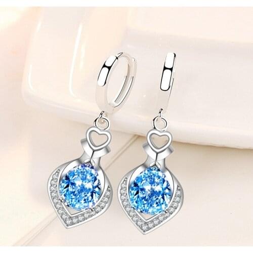KOFSAC New Trendy 925 Sterling Silver Earrings For Women Exquisite Blue Zircon Love Drop type Earring Jewelry Lady Birthday Gift