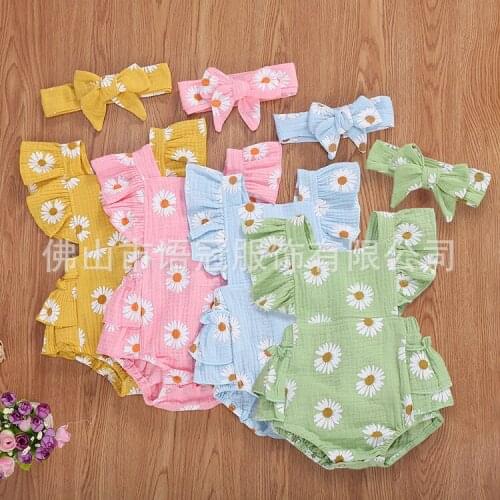 Baby Newborn Infant Girls Jumpsuit Summer 4 Color Twins Baby Clothes Sleeveless Flower Pattern Baby Girl Bodysuits + Hairband