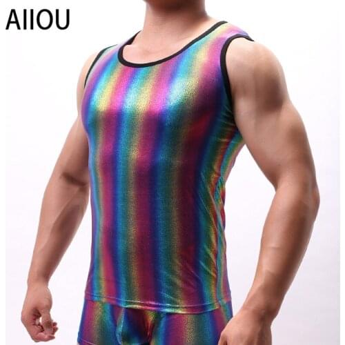 AIIOU Nylon Mens Vest Undershirt Rainbow Color Personality Casual Slim Fit Men Stage Performance Wear Men Underwear Clothing