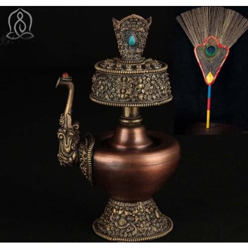 Wholesale Buddhist supplies Asia Temple family hall worshipping Nepal brass Pemba Pot Auspicious Symbols of Buddhism peacock fan