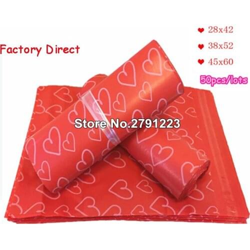 50Pcs/Lot Courier Bags Frosted Red Heart Pattern Self-Seal Adhesive Bag Matte Material Envelope Mailer Postal Mailing Bags