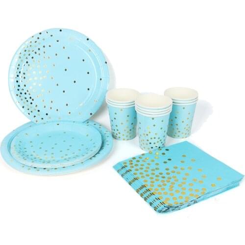 Blue Pink Gold Dots Dispoable Tableware Plate Cup Napkin Boy Girl Sets One 1st Birthday Party Decorations Baby Shower Supplies
