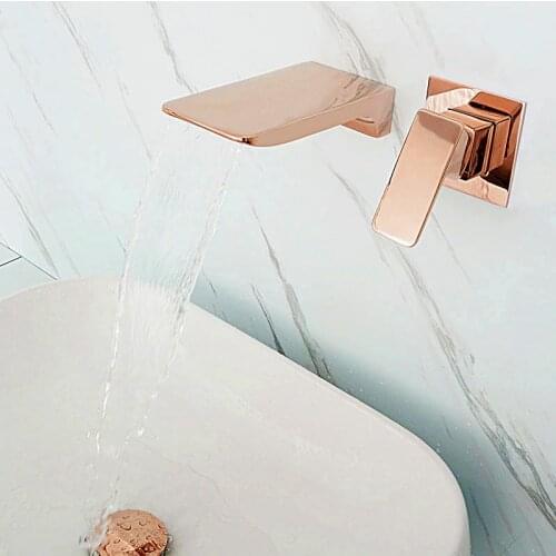 Bathroom Basin Faucet Solid Brass Rose Gold Sink Mixer Tap Hot & Cold Brushed Gold Lavatory Crane Taps In-Wall Waterfall Faucets