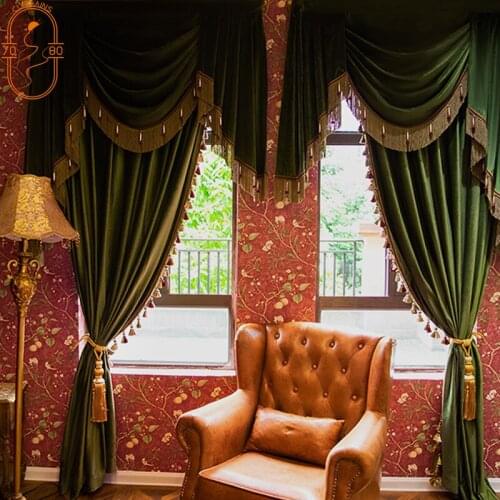 European-style High-end Velvet Curtains Pure Color Flannel Blackout Curtains for Living Room Bedroom Curtains Home Improvement