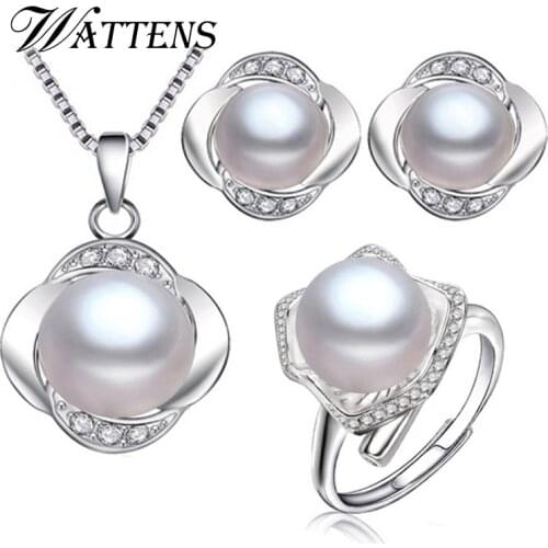 Pearl Jewelry Set Natural Pearl Necklace Stud Earrings 925 Sterling Silver Pendant Earrings Zircon ring for Women Accessories