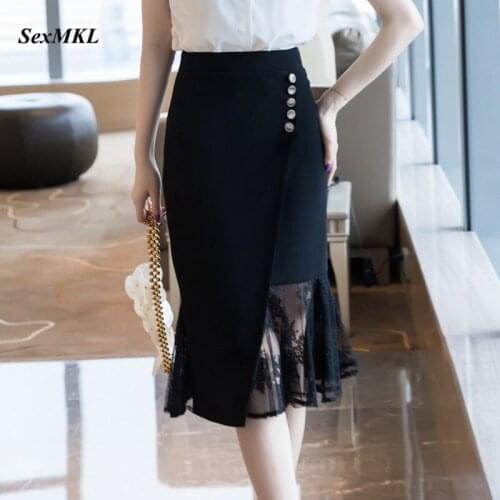 Plus Size Lace Patchwork Skirts Womens 2020 Fashion High Waist Black Skirt Sexy Women Korean Clothes Office Elegant Midi Skirt