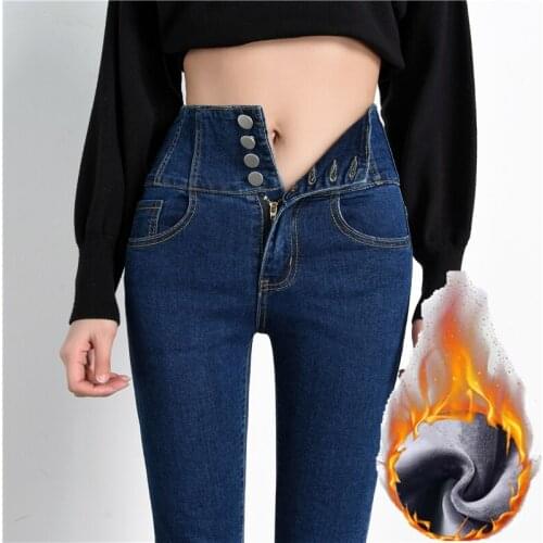 Womens Winter Jeans High Waist Skinny Pants Fleece Elastic Waist Jeggings Casual Plus Size Jeans For Women Warm Jeans