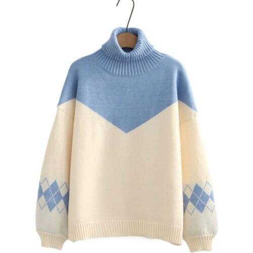 New Winter Women Casual Loose Turtleneck Pullover Sweaters Square Sleeve Embroidery Knit Sweater Bottoming Female 2012337