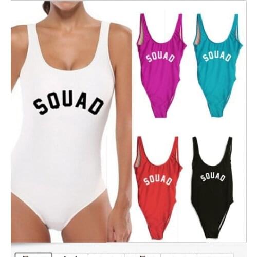 Womens Swimwear Plunge Neck One Pieces SQUAD customize letter print back bodysuits Women bathing suit beachwear Slim Short Rom