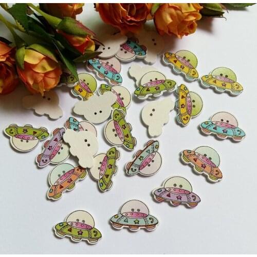 150PCs Wood Buttons 2 Holes Cartoon UFO Rocket Sewing Scrapbooking DIY Crafts Decorative Buttons Scrapbook18x28mm