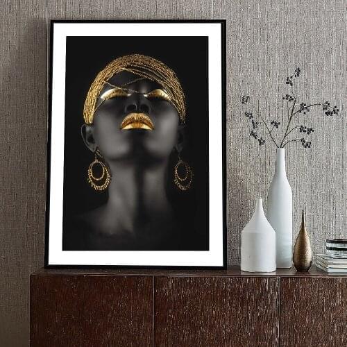 African Figure Art Black Golden Girl Canvas Paintings Wall Art Posters and Prints Wall Picture For Living Room Home Wall Decor