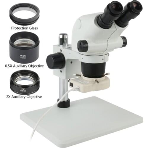 6.5X-65X 3.25X-130X Zoom Stereo Microscope Binocular Microscope + 0.5x 2.0x 1X Auxiliary Lens For LAB Phone PCB Soldering