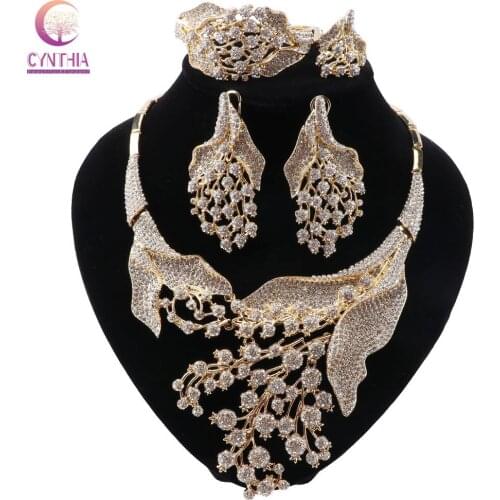 CYNTHIA Luxury Crystal Necklace Bracelet Earrings And Ring 4pcs Dubai Full Jewelry Set For Women,Bridal Dress Dinner