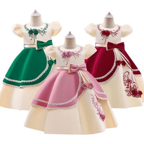 2021 New Cute Bowknot Color Matching Embroidered Flower Kid Princess Dresses For Girls Bridesmaid Dresses Birthday Party Dresses