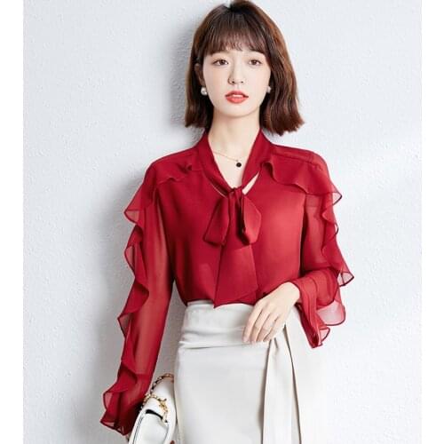 Women Shirts 2021 Long Sleeve Solid Red Tops Tees Korean Style Chiffon Loose OL Blouses mujer de moda Female Bow Blusas 1083