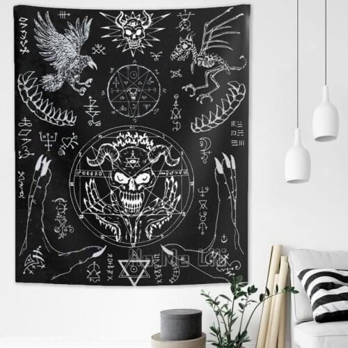 Demon Face Tapestry Gothic Wall Hanging Occult Crow Hands Magic Seals Pentagram Satan Witchy Sign