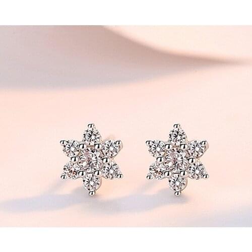 Dainty Female White Crystal Snowflake Earrings 925 Sterling Silver Wedding Earrings For Women Luxury Zircon Stone Stud Earrings