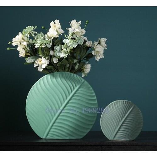 Ceramic Vase Leaf Pattern Green Flower Arrangement Ceramic Handicraft Ornaments Modern Home Decoration Flower Vases Decor