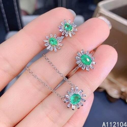 KJJEAXCMY fine jewelry 925 sterling silver natural emerald women elegant vintage flower gem earrings ring pendant suit support d