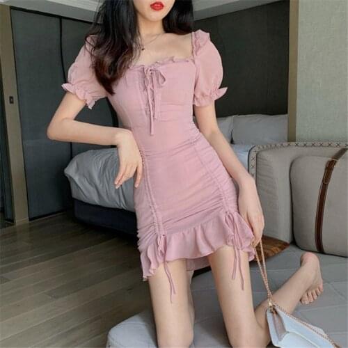 Drawstring Ruched short mini dress woman Ruffles short Sleeve solid dress woman slash neck dresses summer sukienka de verano
