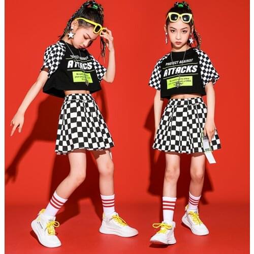 Girls Jazz Dance Clothes Kids Black White Plaid Suit Children Hip Hop Street Dance Stage Performance/Practice Costumes DWY5992
